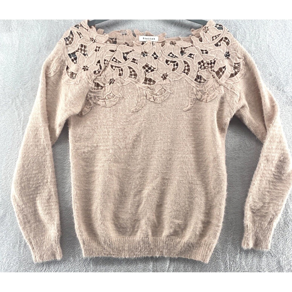 Stellah Sweater Womens Small Pullover Pink Floral Lace Long Sleeve Boat Neck